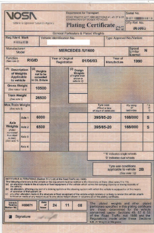 Vehicle Inspectorate Plating Certificate